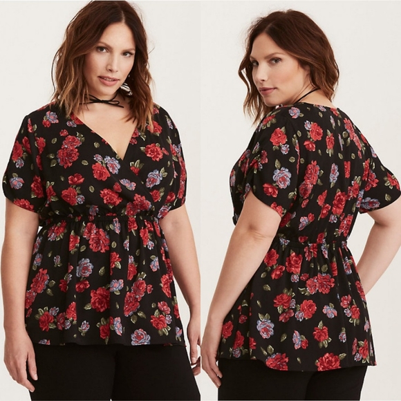 torrid Tops - Torrid Floral Print Satin Surplice Babydoll Top
